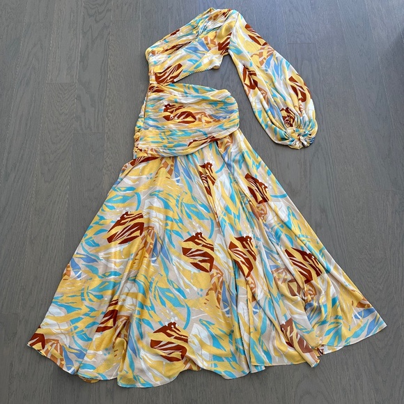 Bronx and Banco Jafari Isla Dress Yellow One Shoulder Maxi Floral Cut Out Sz XS - Picture 2 of 11